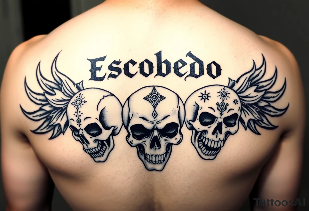 Upper back tattoo in stark emo-punk linework. ‘Escobedo’ carved bold and clean across the shoulders. Black flame arcs rise behind it like wings—sharp, negative space-driven. Between the flames, loose chains drape with motion. Three skulls: cracked on the left, snarling in the center, screaming on the right. Each skull etched with fine Aztec-inspired marks—sunbursts, dots, and sacred lines. No color. No shading. Just fire, bone, and steel inked in symmetry. tattoo idea