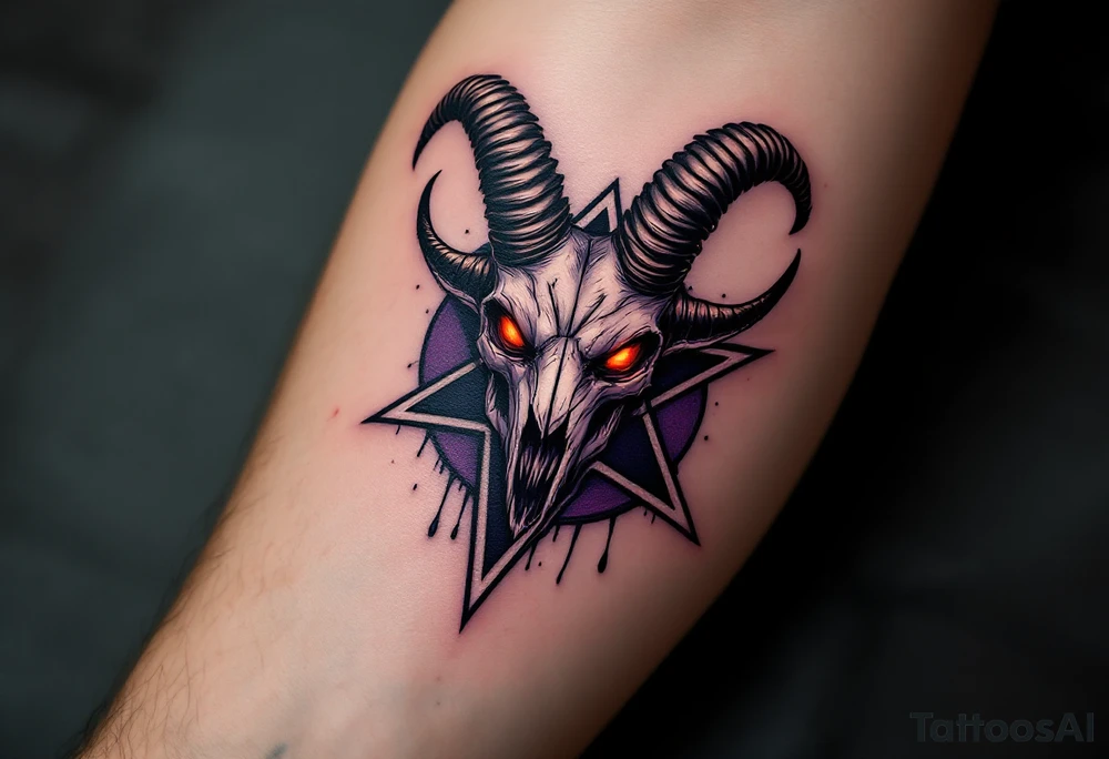 A demonic goat skull with glowing red eyes, placen on to a dark purple pentagram - five pointed star, dripping with shadows. tattoo idea