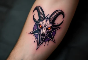 A demonic goat skull with glowing red eyes, placen on to a dark purple pentagram - five pointed star, dripping with shadows. tattoo idea