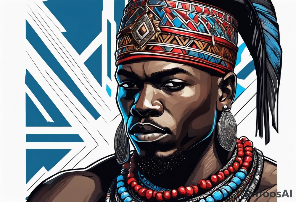 Black-skinned bald african warrior. He wears a simple and small silver crown. He uses blue and red necklaces tattoo idea