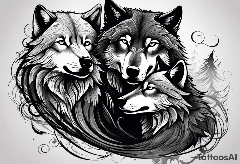 Two wolves, silhouettes, side by side. One wolf consumes swirling darkness, the other takes in beams of light. Emphasize the feeding action. tattoo idea