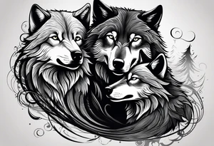 Two wolves, silhouettes, side by side. One wolf consumes swirling darkness, the other takes in beams of light. Emphasize the feeding action. tattoo idea