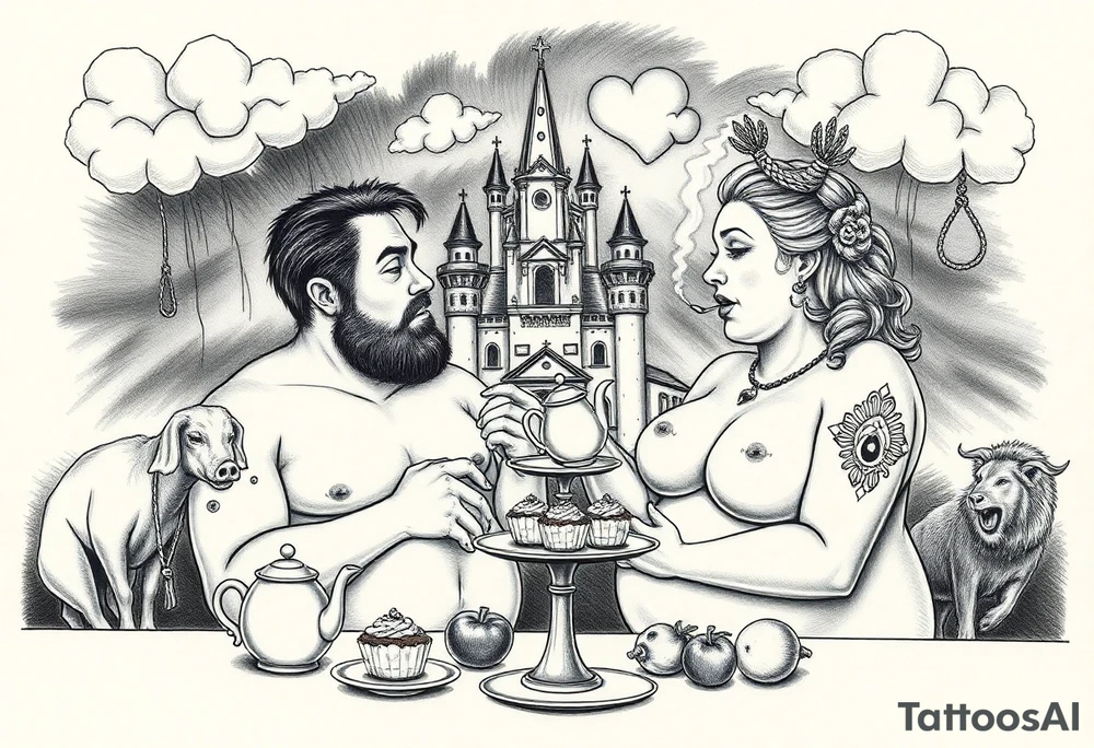 Naked Man and fat woman having sex eating cupcakes and  fruit  having sexy naked fat lady having a tea party with tea pots  with medieval castle  
with mystical  aries a pigs, peacock,  lion, goat, noose and smoking cigerettes looking in the mirror thru storm clouds and broken hearts and darkness and wrath, envy , gluttony, greed, sloth, pride . Gothic tattoo idea