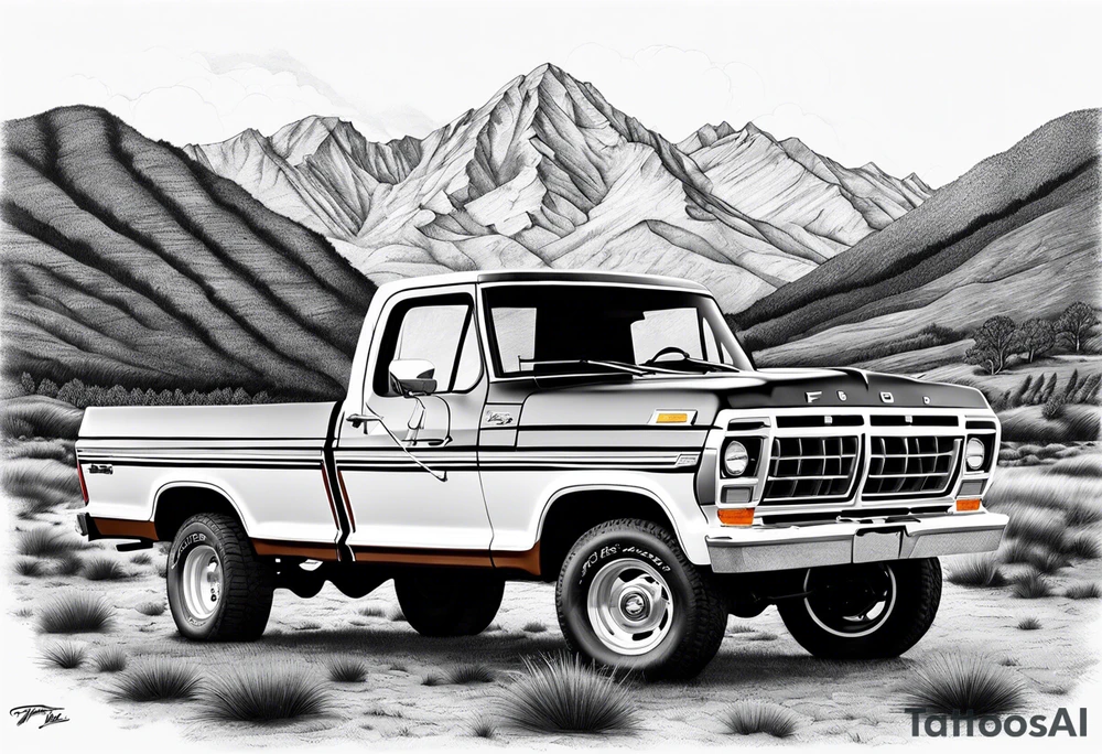 1974 ford f-100 in front of mountains tattoo idea
