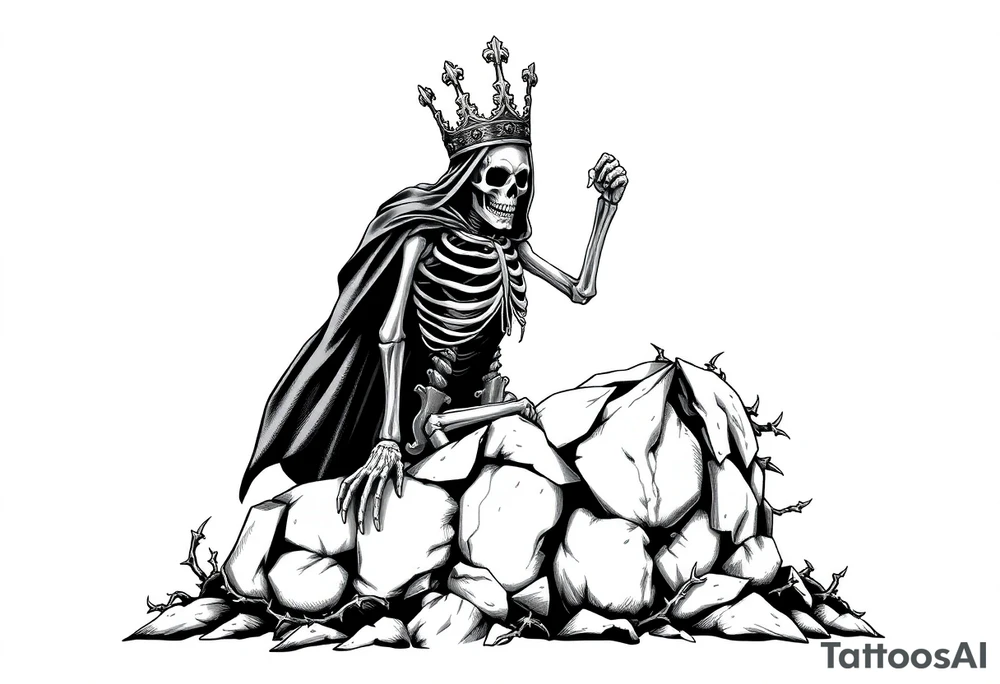 A crowned skeletal warrior rising from a stone barrow, cloaked in shadows and thorns. tattoo idea