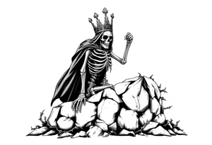 A crowned skeletal warrior rising from a stone barrow, cloaked in shadows and thorns. tattoo idea