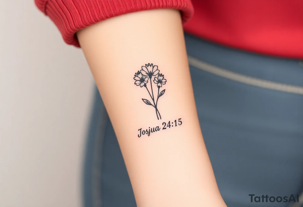 MINI BUNCH OF FLOWERS at the top, drawn in single-needle fine line

“Joshua 24:15” sits underneath in tiny, clean lettering

Vertical flow = elegant, feminine, and perfectly suited to the inner wrist

Overall height: ~5–7 cm (subtle, timeless, not heavy) tattoo idea