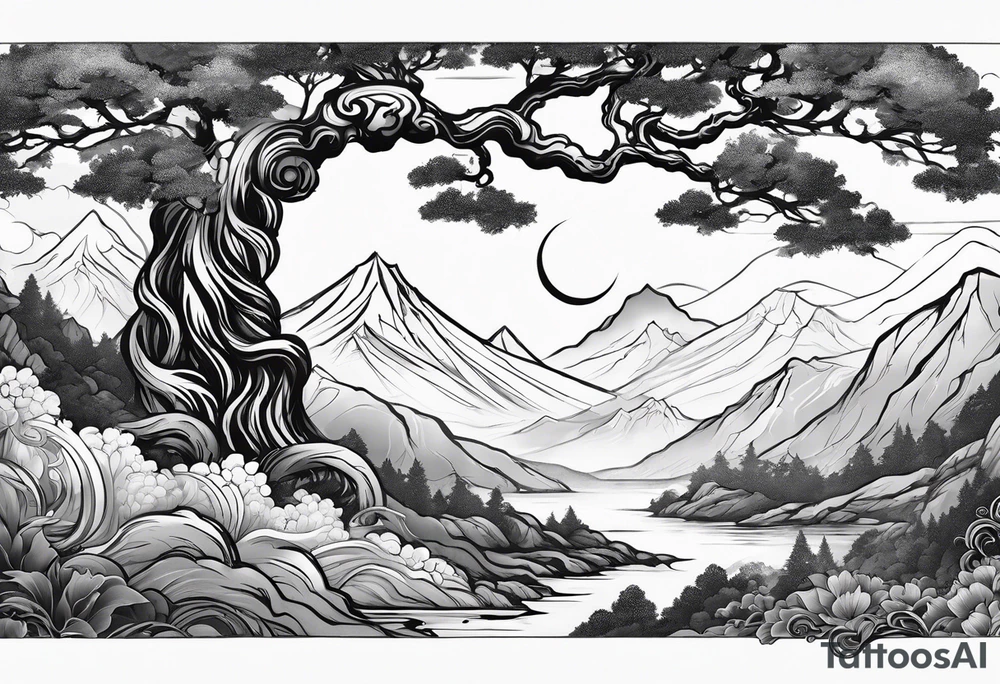 Full arm sleeve, tree going up to shoulder dead tree going down to wrist, wrapped in a serpent moving down with mountain and water elements tattoo idea