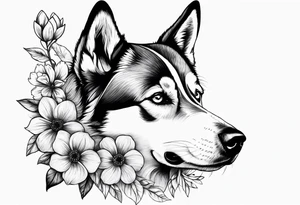 Husky ears with flowers tattoo idea
