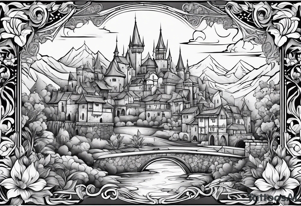 medieval tribal city 
floral  land  vignette tattoo idea