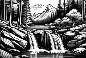 waterfall going into a river with a camp site in Australia tattoo idea