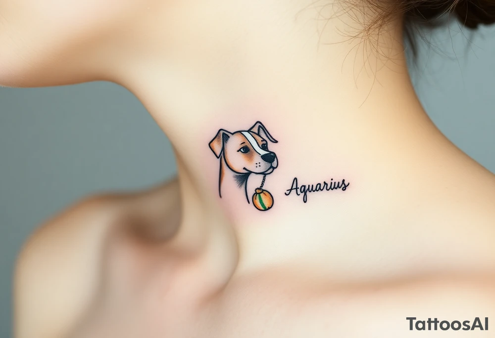 One line tattoo of female dog with white strip going up dog’s snout slightly off centered. With  toy and the dogs tongue slightly out and the name kiwi and an Aquarius them to it . Just the colors black  white brown and green tattoo idea