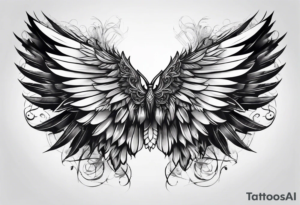 Realistic wings with upside down cross between the wings tattoo idea