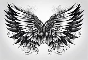 Realistic wings with upside down cross between the wings tattoo idea