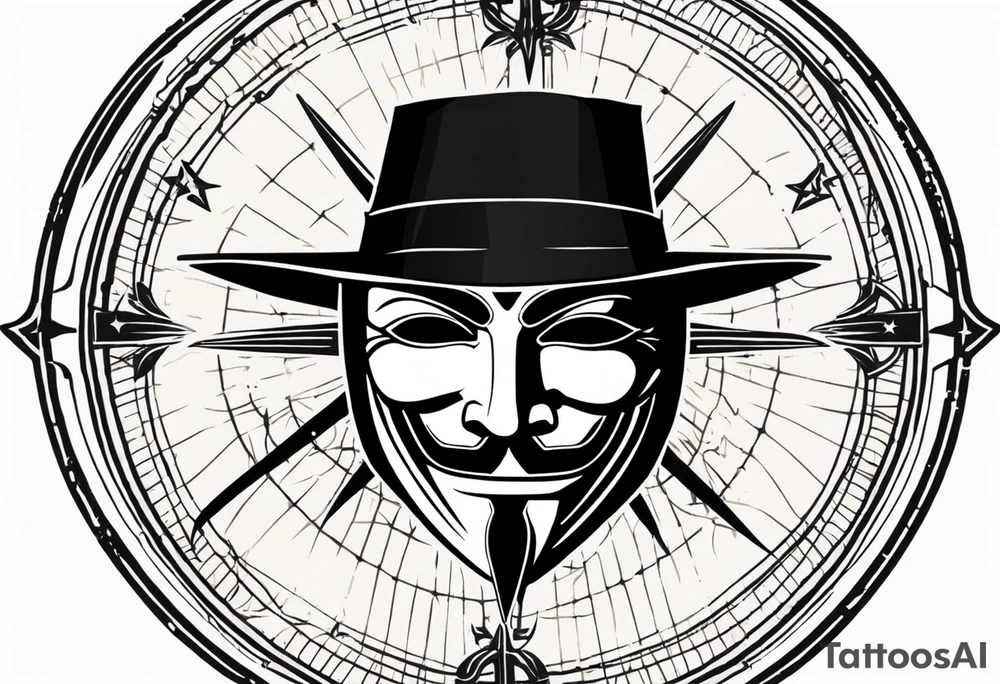 Centered v for vendetta, mask only. No hat.   Vintage compass surround. Crossed fencing swords. Pop art tattoo idea