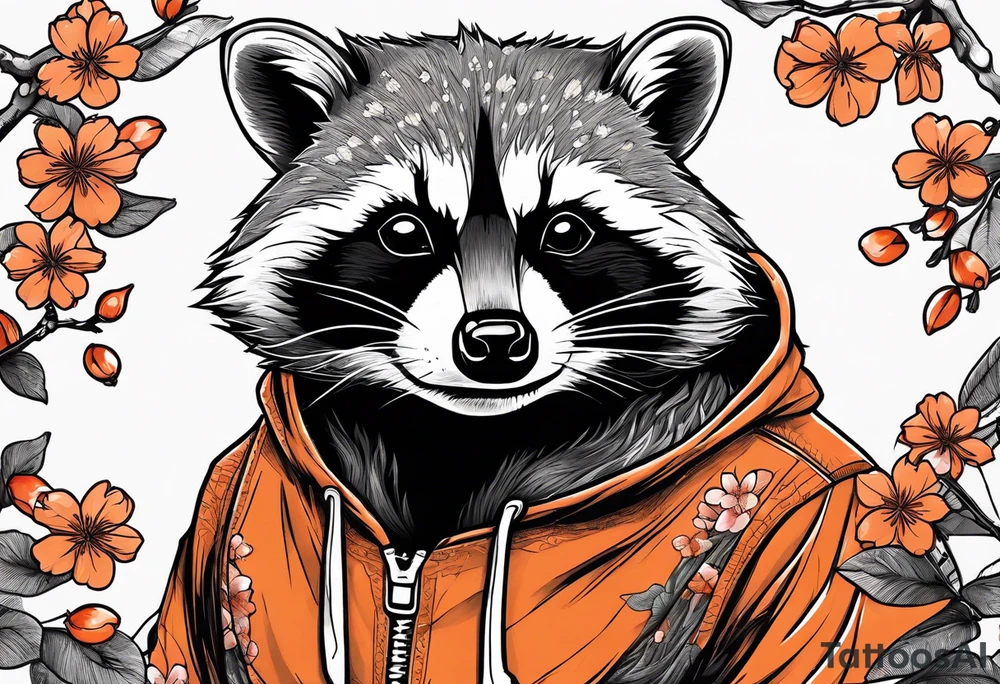 raccoon wearing a black and white Superman hoodie and orange Japanese cherry blossoms tattoo idea
