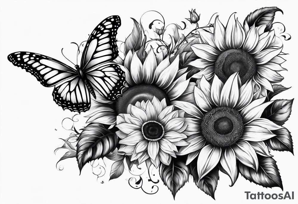 Sunflower and butterfly leg sleeve tattoo idea