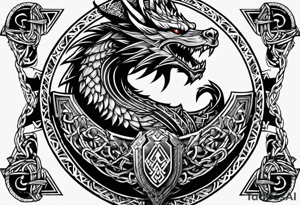 Valhalla sword shield dragon axe Valknut barbed wire chains tribal tattoo idea