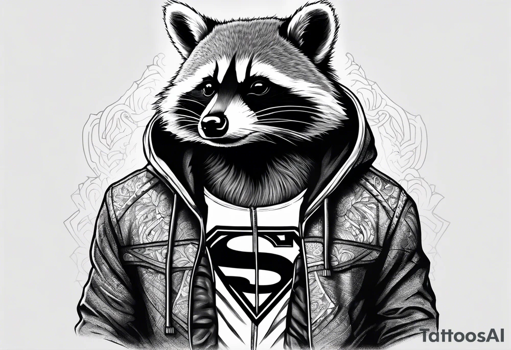 raccoon wearing a Superman hoodie tattoo idea