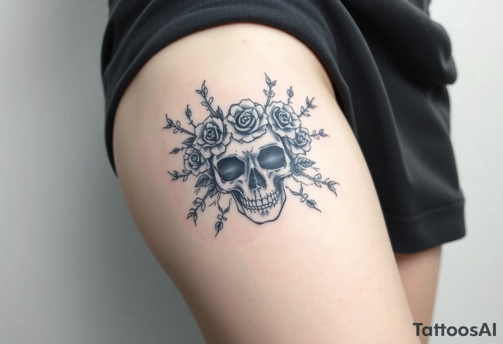ornate skull adorned with crown of wild roses and thorns tattoo idea