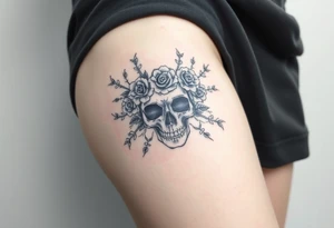 ornate skull adorned with crown of wild roses and thorns tattoo idea