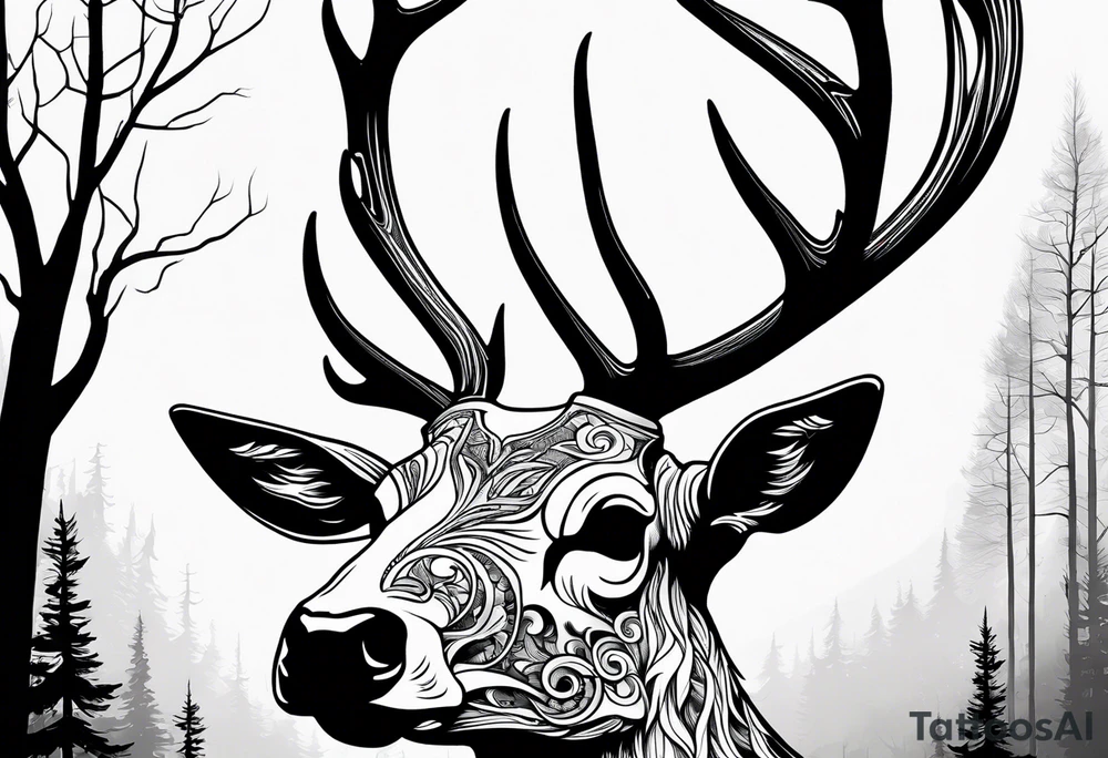 A scary terrifying horrifying dead deer skull side profile surrounded by a forest fire in background tattoo idea