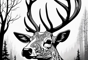 A scary terrifying horrifying dead deer skull side profile surrounded by a forest fire in background tattoo idea