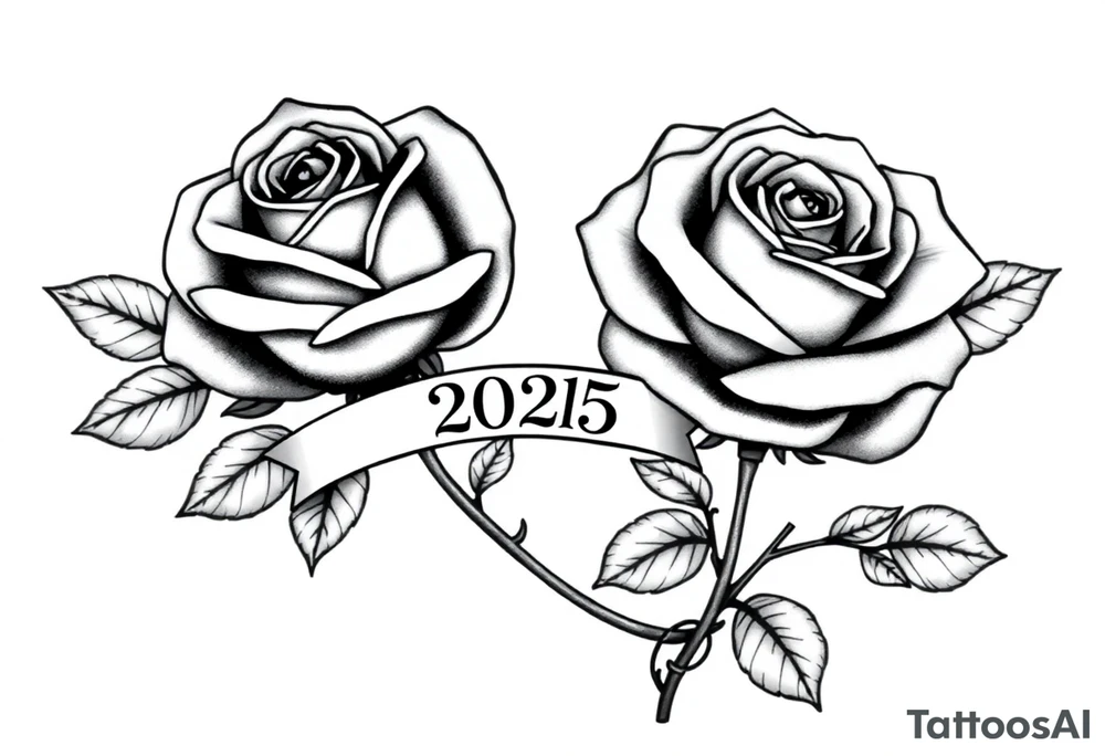 two beautiful large rose buds, one larger than the other, with many leaves next to the rose buds, with one sitting higher than the other. Include a banner connecting the two roses with the year "2025" on it.   Use dark outlines with little shading. The two stems should be short, not long, and connect and join into one stem, whimsically curved or twisted - not straight down. tattoo idea