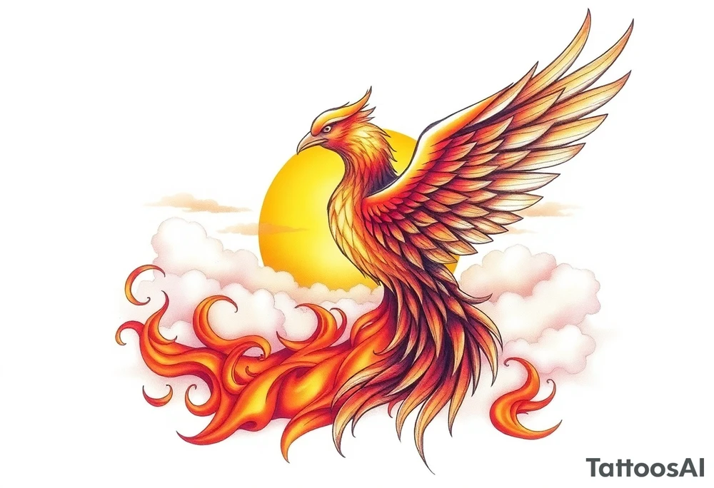 magnificent phoenix rising from flames with trailing embers pinks golds orange and yellows with a golden sunset and sky with puffy clouds and heaven backdrop tattoo idea