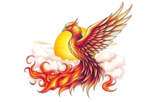 magnificent phoenix rising from flames with trailing embers pinks golds orange and yellows with a golden sunset and sky with puffy clouds and heaven backdrop tattoo idea