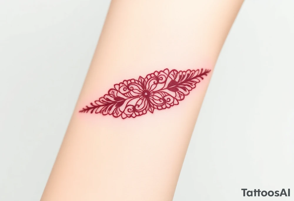 A deep burgundy lace bracelet, softly fading into a watercolor effect, symbolizing love and passion tattoo idea