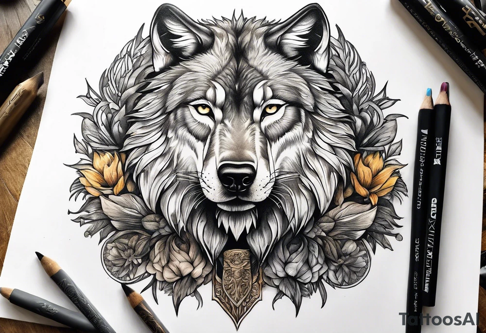 A powerful wolf with lions main tattoo idea