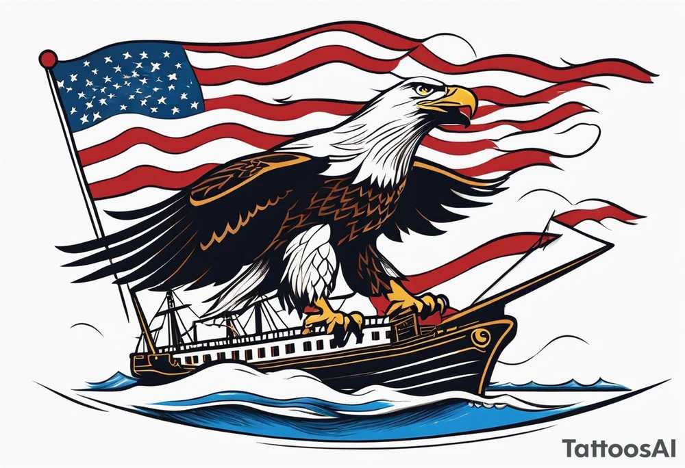 eagle flying in front of ship of the line with American flag tattoo idea