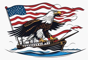 eagle flying in front of ship of the line with American flag tattoo idea