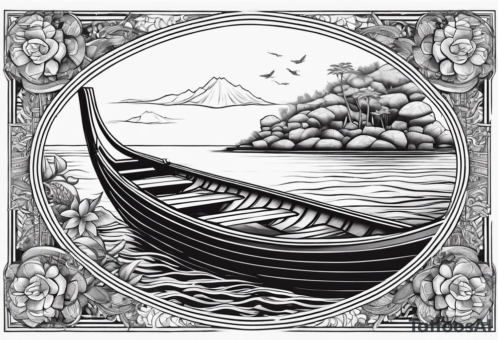 Oval frame inside thai long tail boat water under swiming turtle tattoo idea