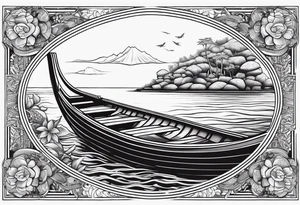 Oval frame inside thai long tail boat water under swiming turtle tattoo idea