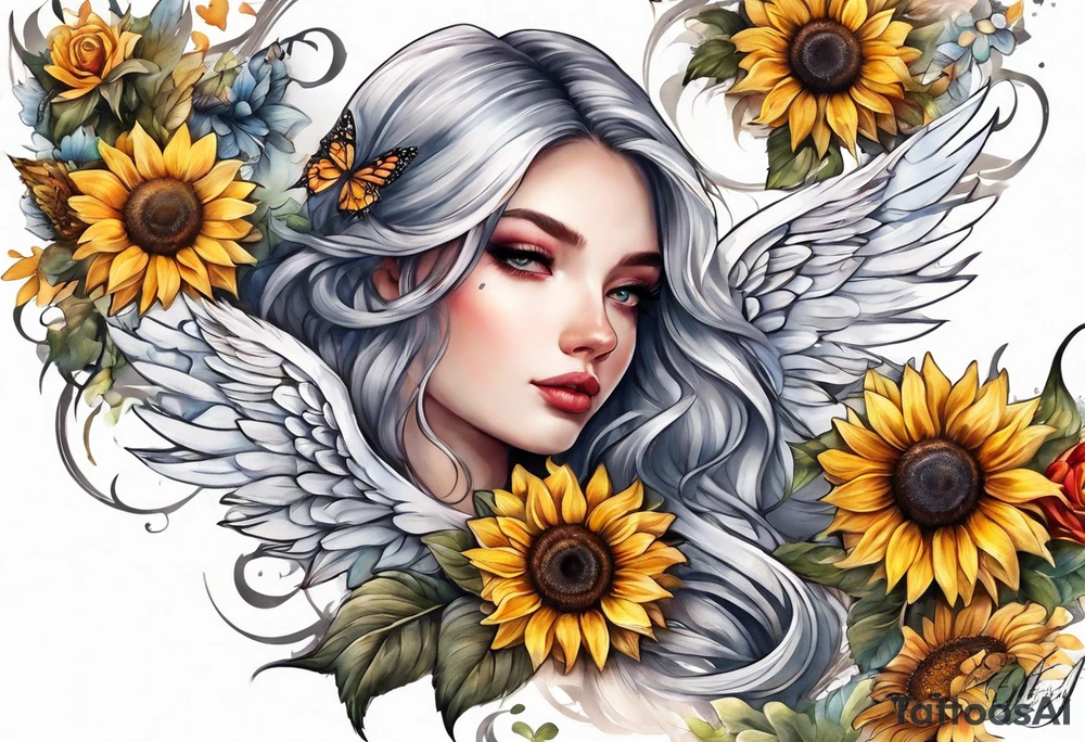 Sleeve with angel wings, sunflower and butterfly tattoo idea