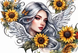 Sleeve with angel wings, sunflower and butterfly tattoo idea