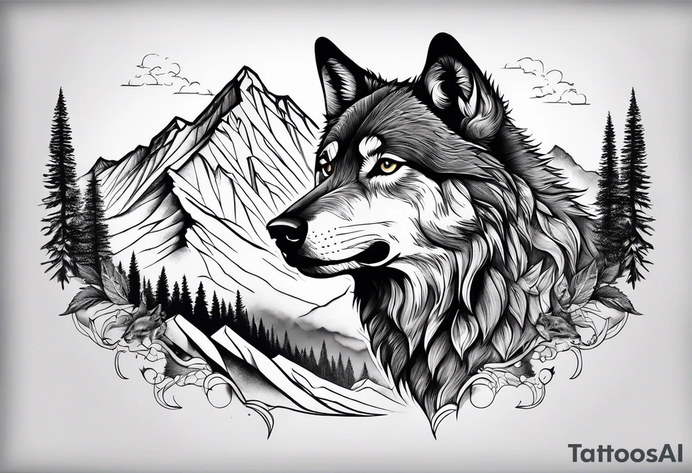 Mountains, wolf in it tattoo idea