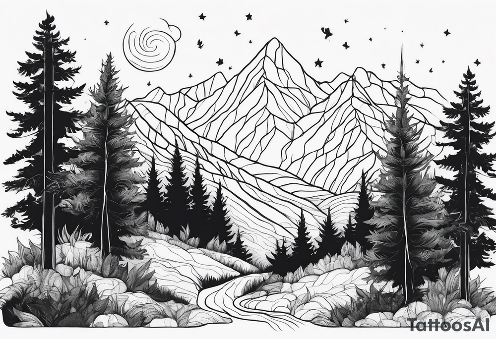 Draw me a Magical forest with s lot of trees in 2D and every tree is black and you see every treetop tattoo idea