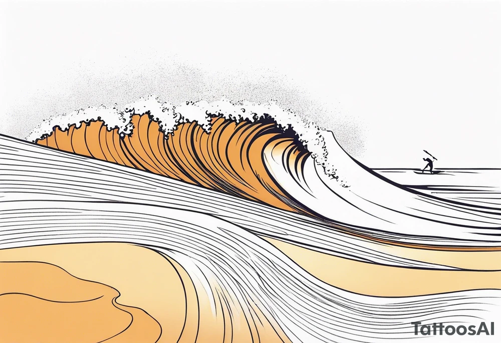 Single line wave tattoo with a dad and his two toddler daughters surfing on one surfboard tattoo idea