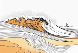 Single line wave tattoo with a dad and his two toddler daughters surfing on one surfboard tattoo idea
