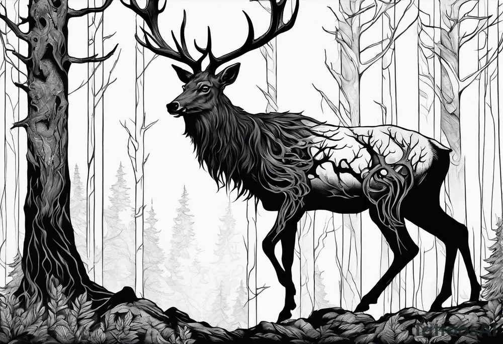 A side profile of a wendigo with a decayed deer skull head in a forest fire tattoo idea