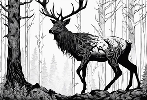 A side profile of a wendigo with a decayed deer skull head in a forest fire tattoo idea