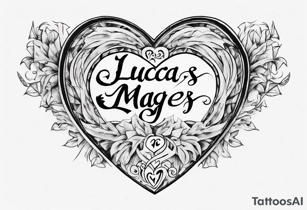 A black heart with the words Lucas and Margaret inside of it tattoo idea