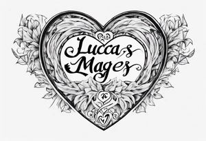 A black heart with the words Lucas and Margaret inside of it tattoo idea