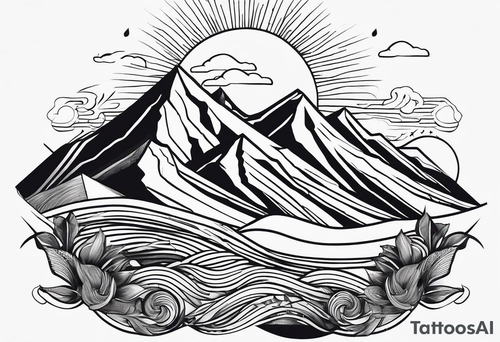 straight line - represents overcoming challenges & strength - mountains, waves with a little sunshine tattoo idea