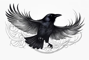Raven in flight, upsidedown, knowing, light behind its eyes, ethereal tattoo idea