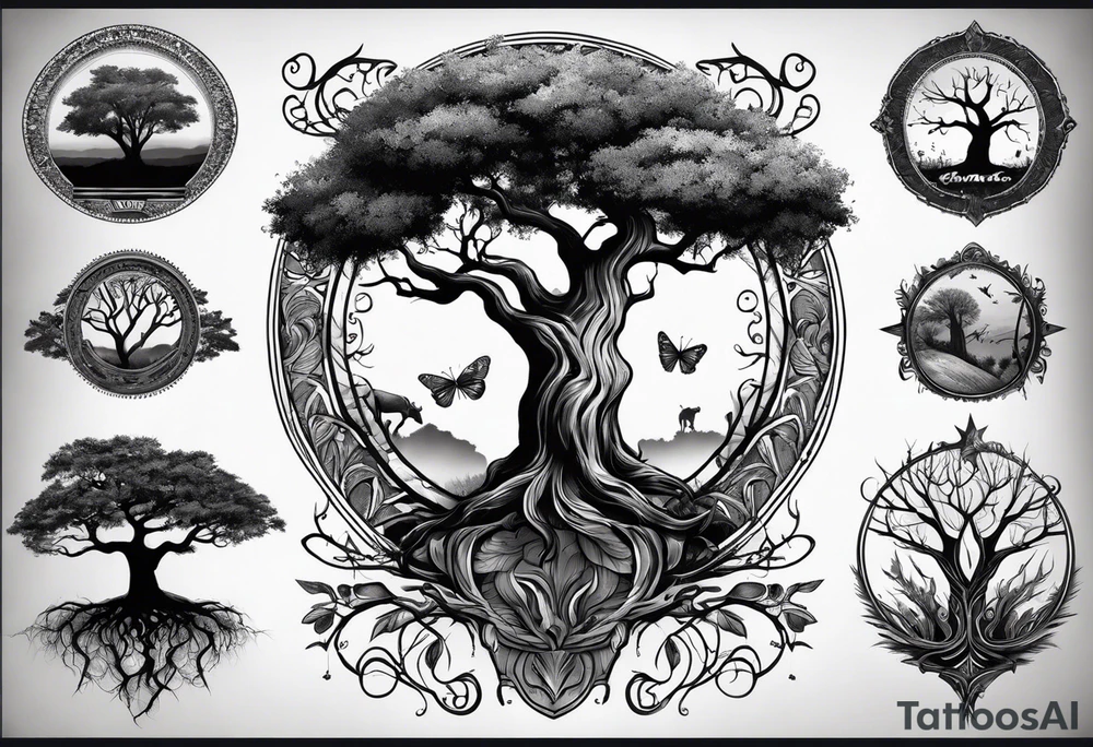 A half sleeve tattoo composed of a detailed African oak tree with bark, animals, branches, leaves, roots, and insects. tattoo idea