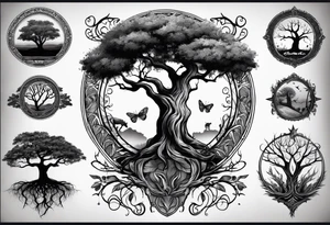 A half sleeve tattoo composed of a detailed African oak tree with bark, animals, branches, leaves, roots, and insects. tattoo idea